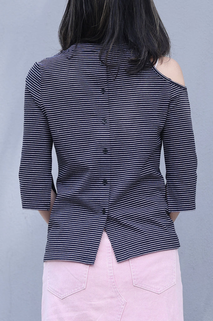 Striped Black Single Cut-off Shoulder Button Tee