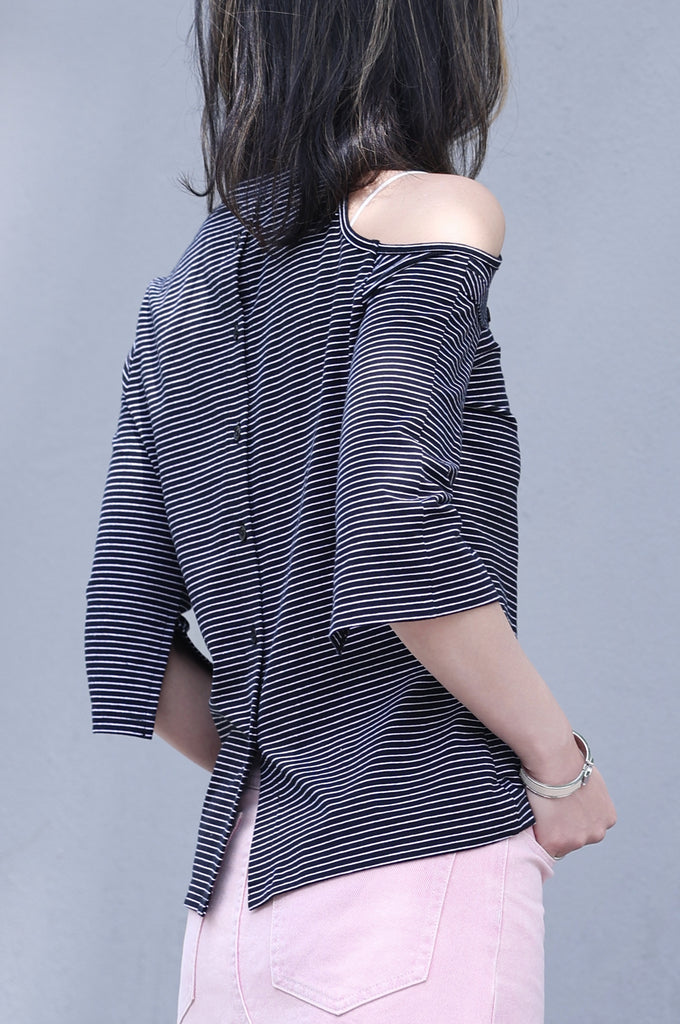 Striped Black Single Cut-off Shoulder Button Tee