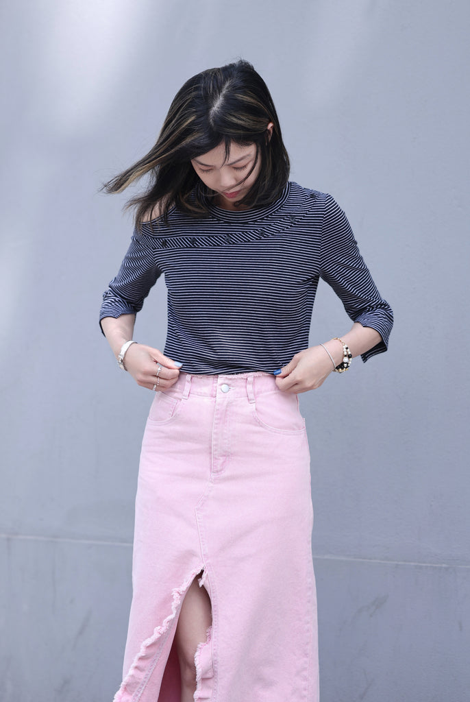 Striped Black Single Cut-off Shoulder Button Tee