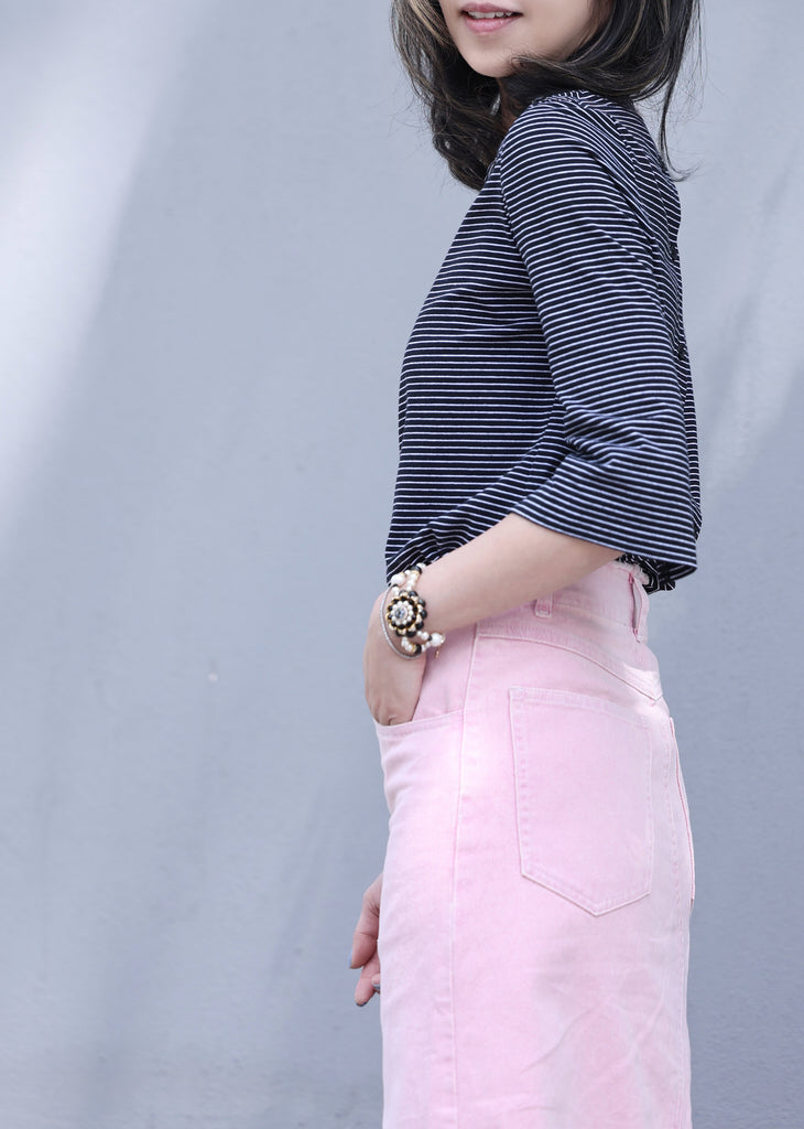 Striped Black Single Cut-off Shoulder Button Tee