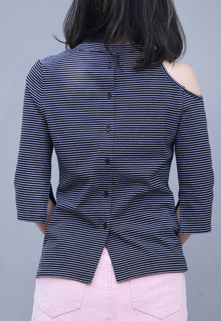 Striped Black Single Cut-off Shoulder Button Tee