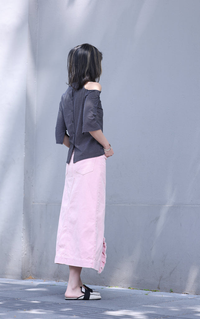 Striped Black Single Cut-off Shoulder Button Tee