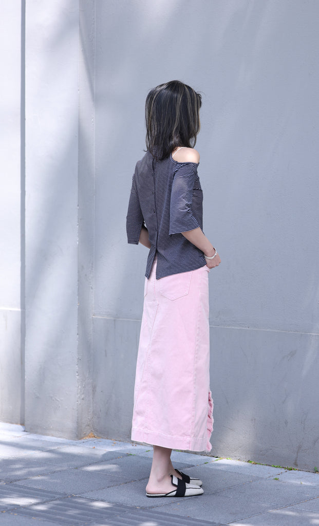 Striped Black Single Cut-off Shoulder Button Tee