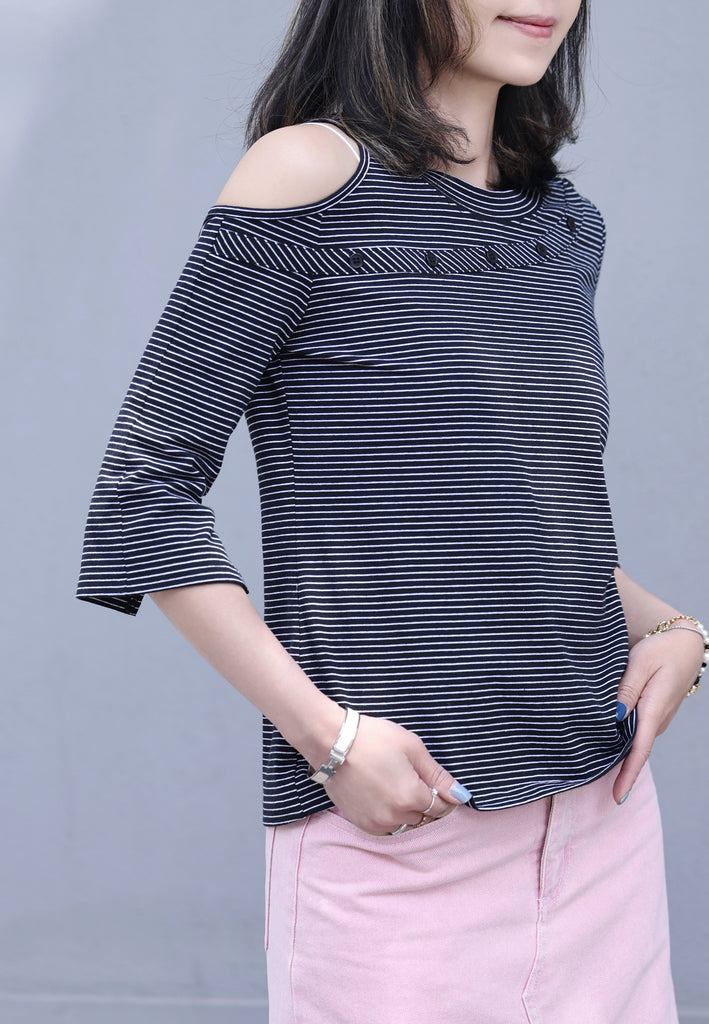 Striped Black Single Cut-off Shoulder Button Tee