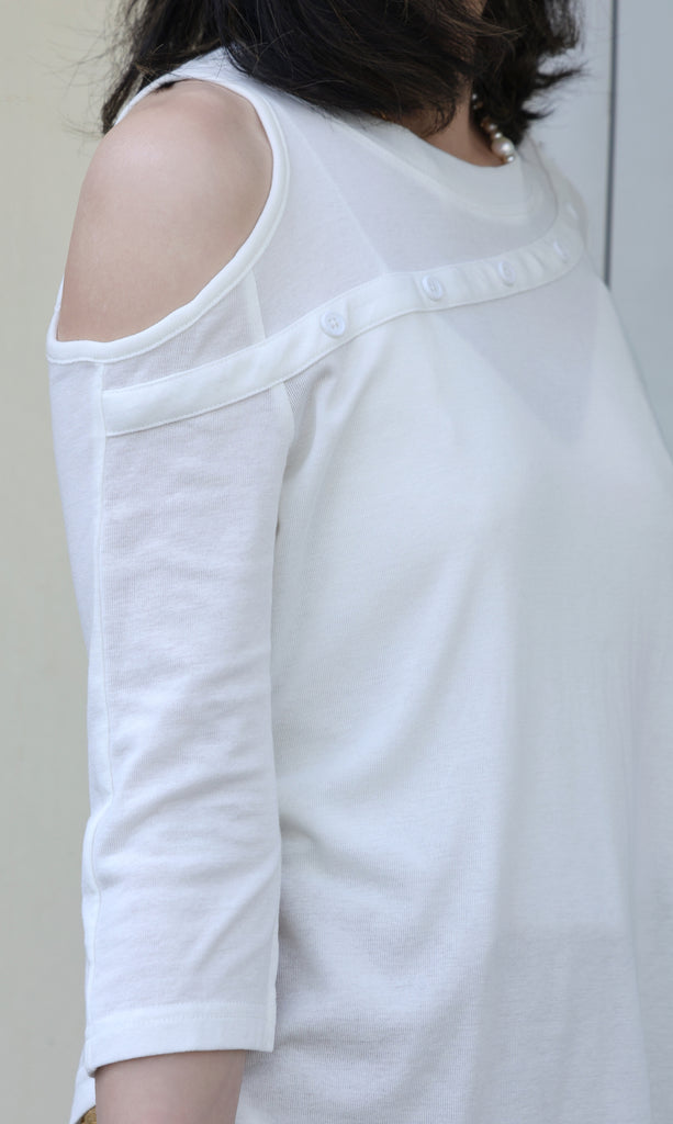 Solid White Single Cut-off Shoulder Button Tee