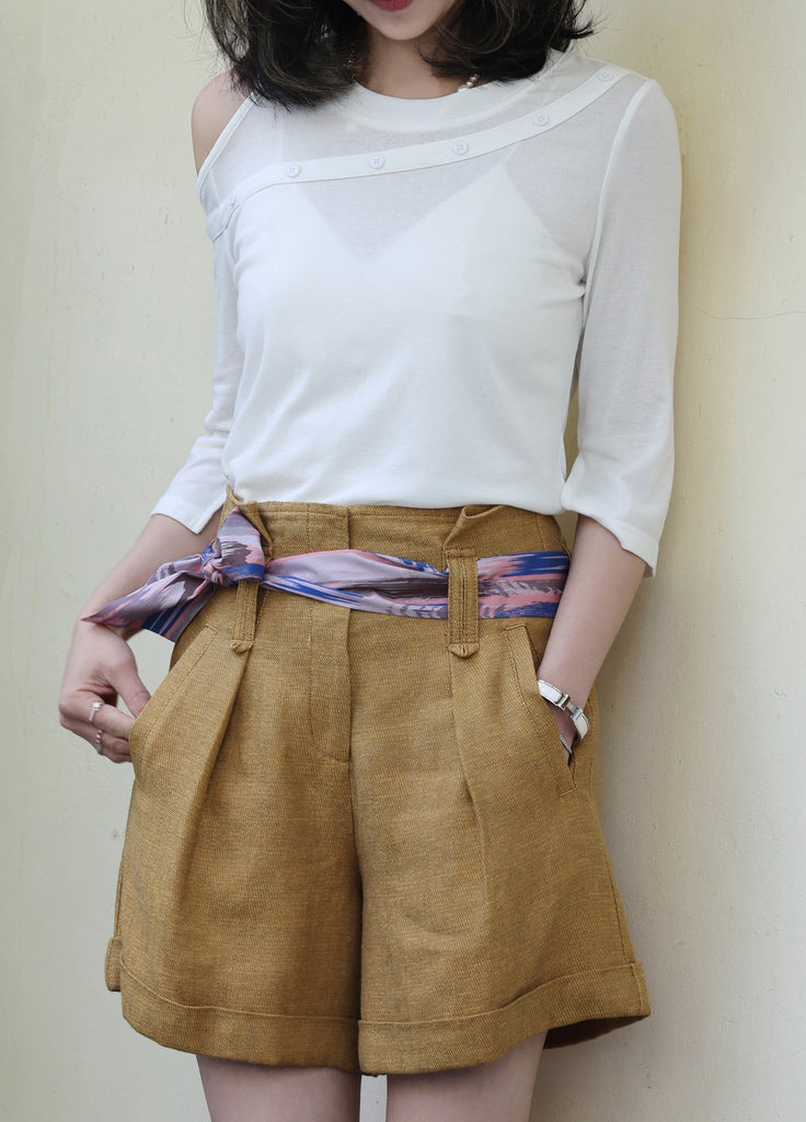 Mustard Brown Pleated Front Scarf Belted High Waist Shorts