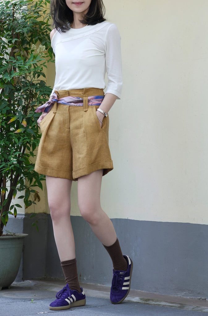 Mustard Brown Pleated Front Scarf Belted High Waist Shorts