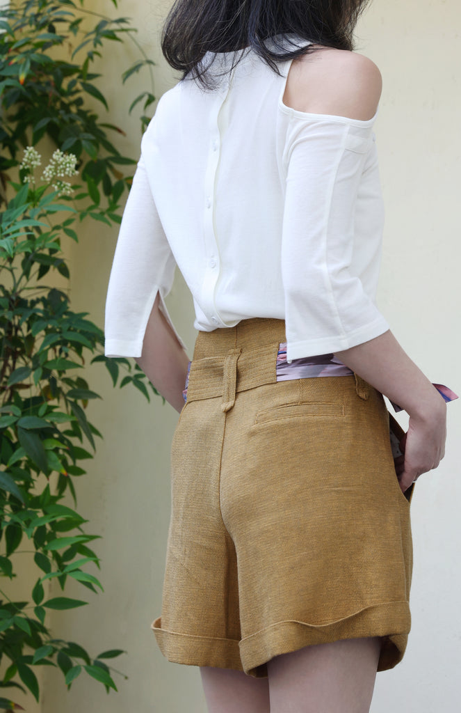 Mustard Brown Pleated Front Scarf Belted High Waist Shorts