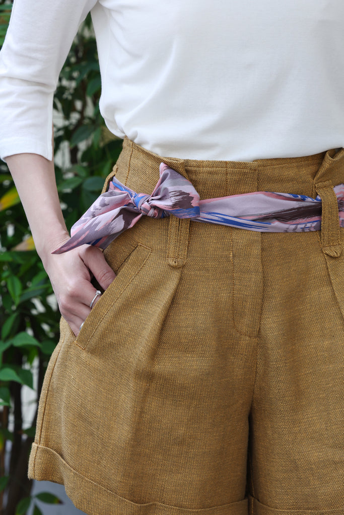 Mustard Brown Pleated Front Scarf Belted High Waist Shorts