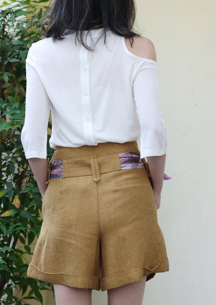 Mustard Brown Pleated Front Scarf Belted High Waist Shorts