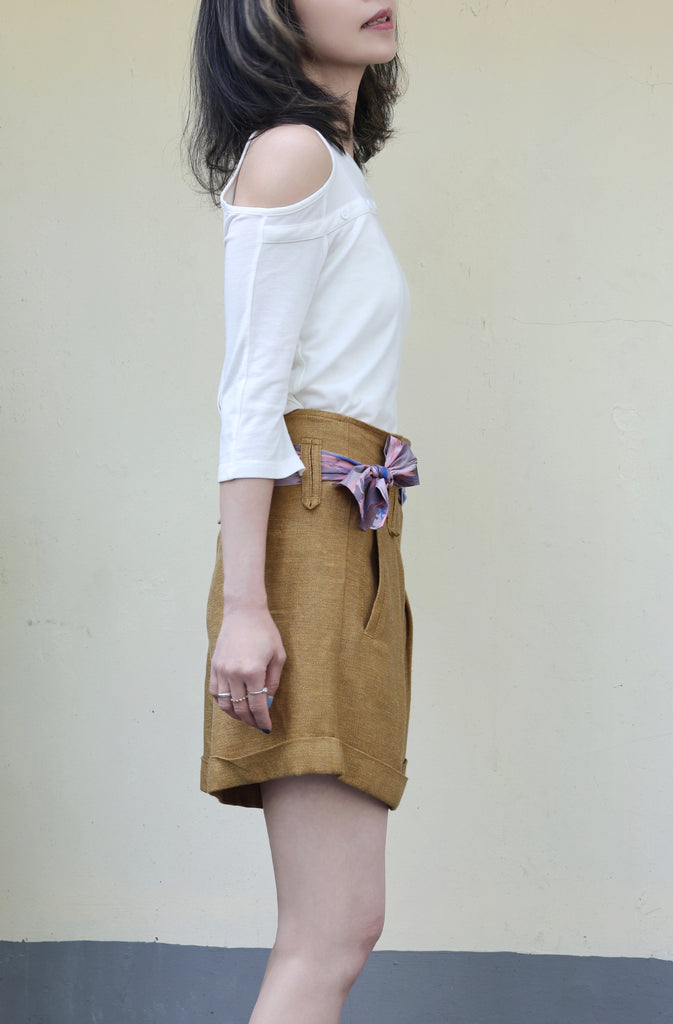 Mustard Brown Pleated Front Scarf Belted High Waist Shorts