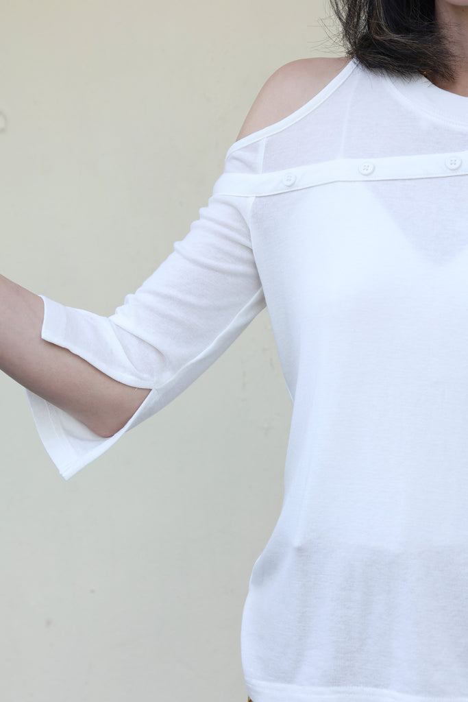Solid White Single Cut-off Shoulder Button Tee
