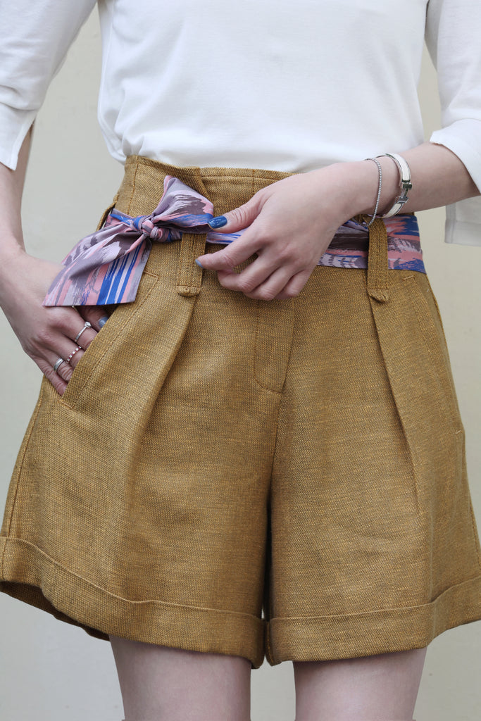 Mustard Brown Pleated Front Scarf Belted High Waist Shorts