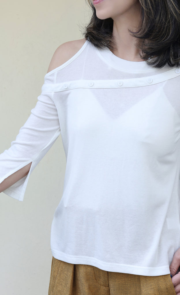 Solid White Single Cut-off Shoulder Button Tee