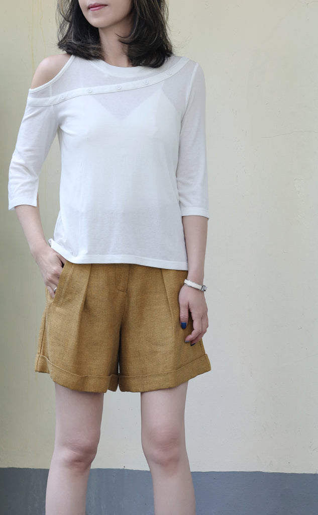 Mustard Brown Pleated Front Scarf Belted High Waist Shorts