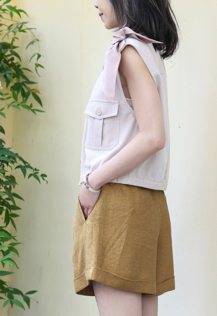 Mustard Brown Pleated Front Scarf Belted High Waist Shorts