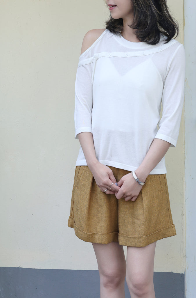 Solid White Single Cut-off Shoulder Button Tee