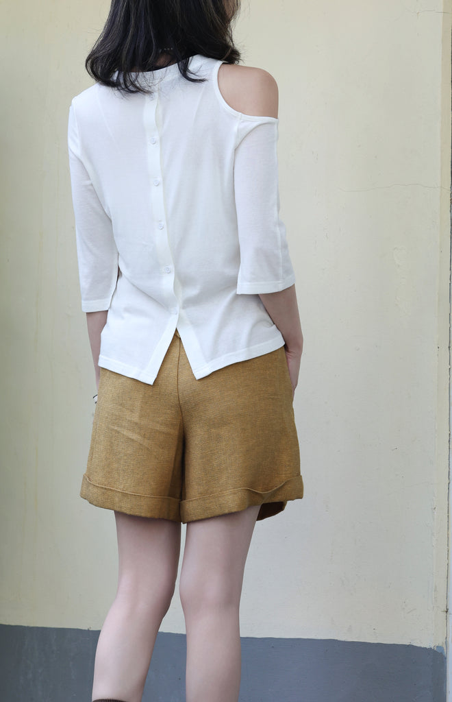 Mustard Brown Pleated Front Scarf Belted High Waist Shorts