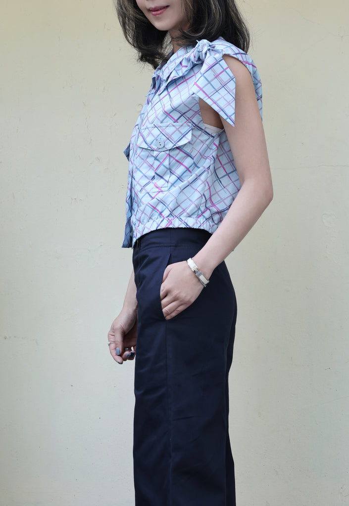 Check Print Tie-bow Shoulder Sleeveless Utility Jacket