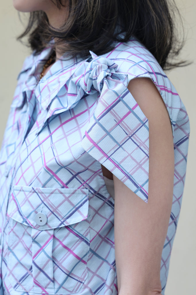 Check Print Tie-bow Shoulder Sleeveless Utility Jacket