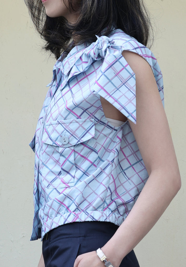 Check Print Tie-bow Shoulder Sleeveless Utility Jacket