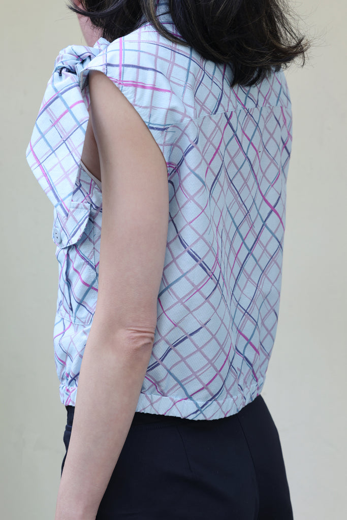 Check Print Tie-bow Shoulder Sleeveless Utility Jacket