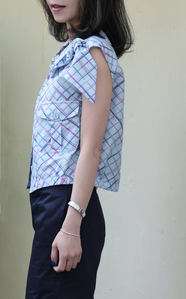 Check Print Tie-bow Shoulder Sleeveless Utility Jacket