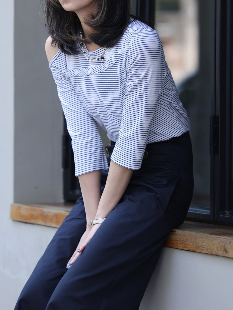 Navy High-waist Button Detail Wide Leg Trousers