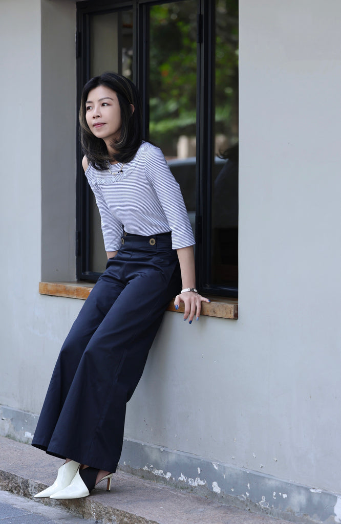 Navy High-waist Button Detail Wide Leg Trousers