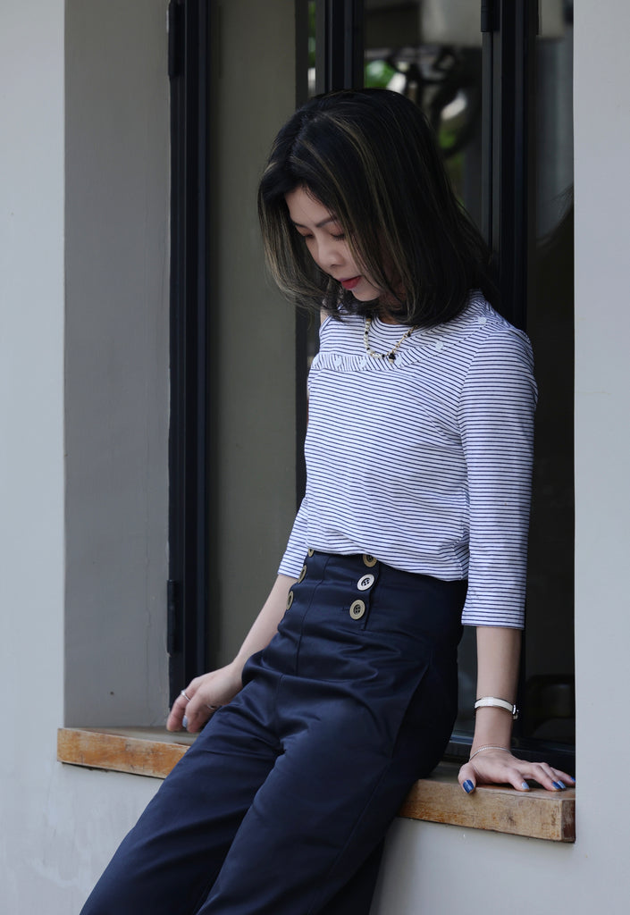 Striped White Single Cut-off Shoulder Button Tee