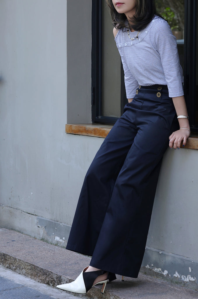 Striped White Single Cut-off Shoulder Button Tee