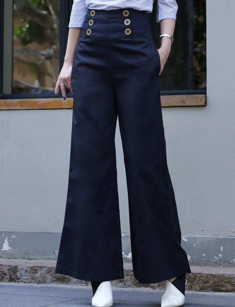 Navy High-waist Button Detail Wide Leg Trousers
