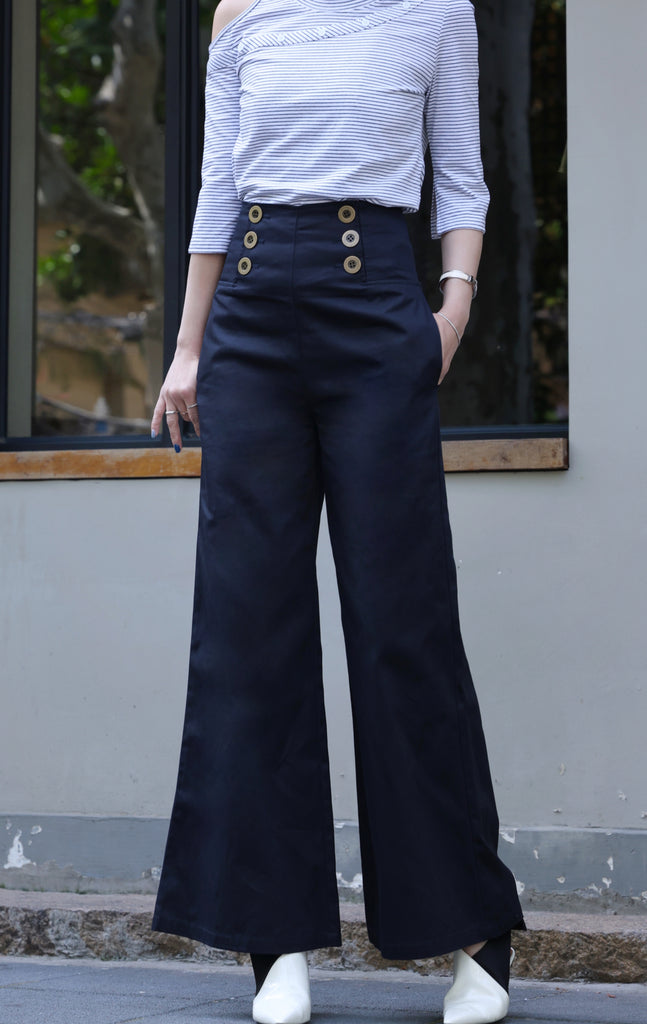 Striped White Single Cut-off Shoulder Button Tee