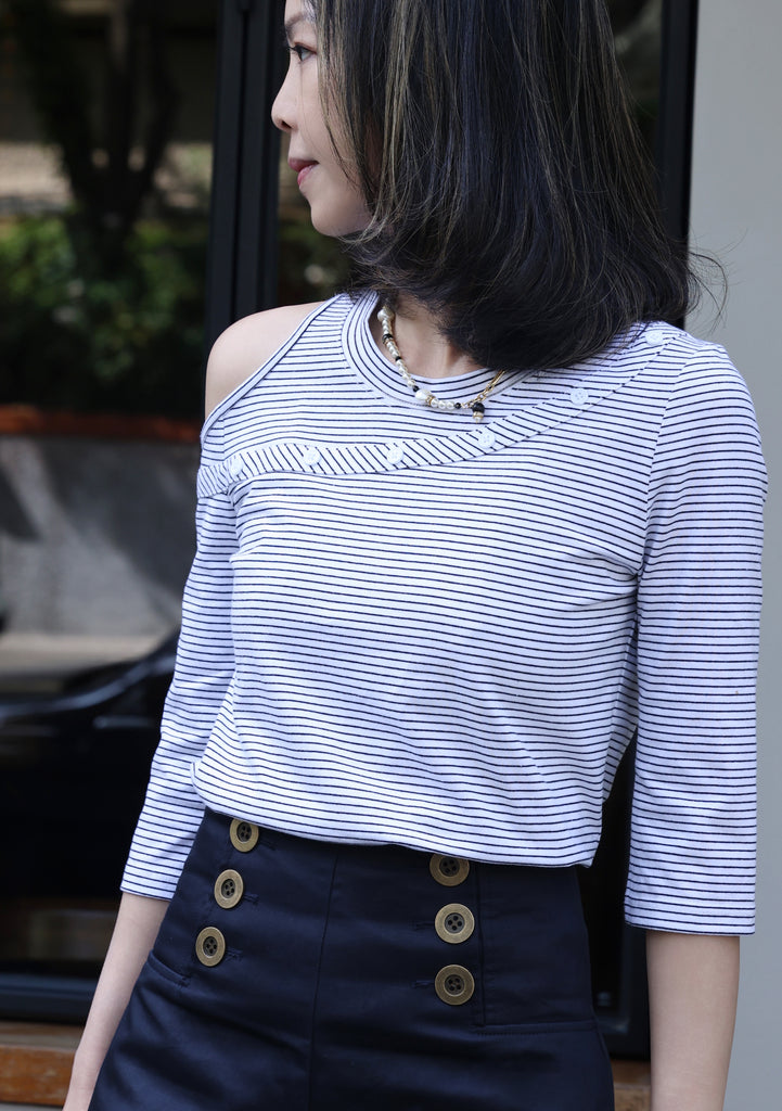 Navy High-waist Button Detail Wide Leg Trousers