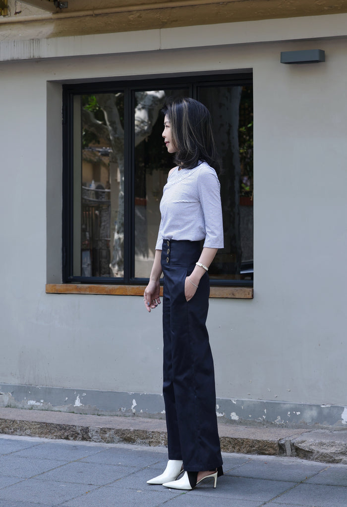 Navy High-waist Button Detail Wide Leg Trousers