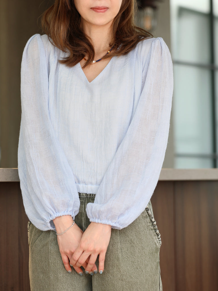 Mist Blue Textured Check Elastic Hem Billow Sleeve Blouse