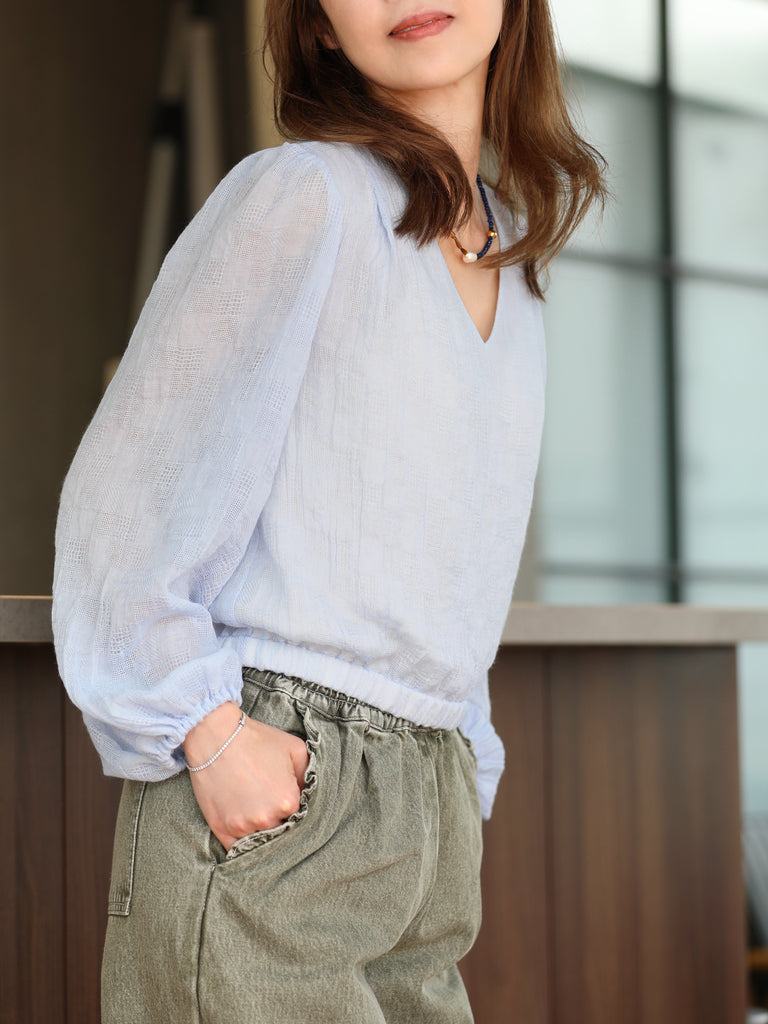 Mist Blue Textured Check Elastic Hem Billow Sleeve Blouse