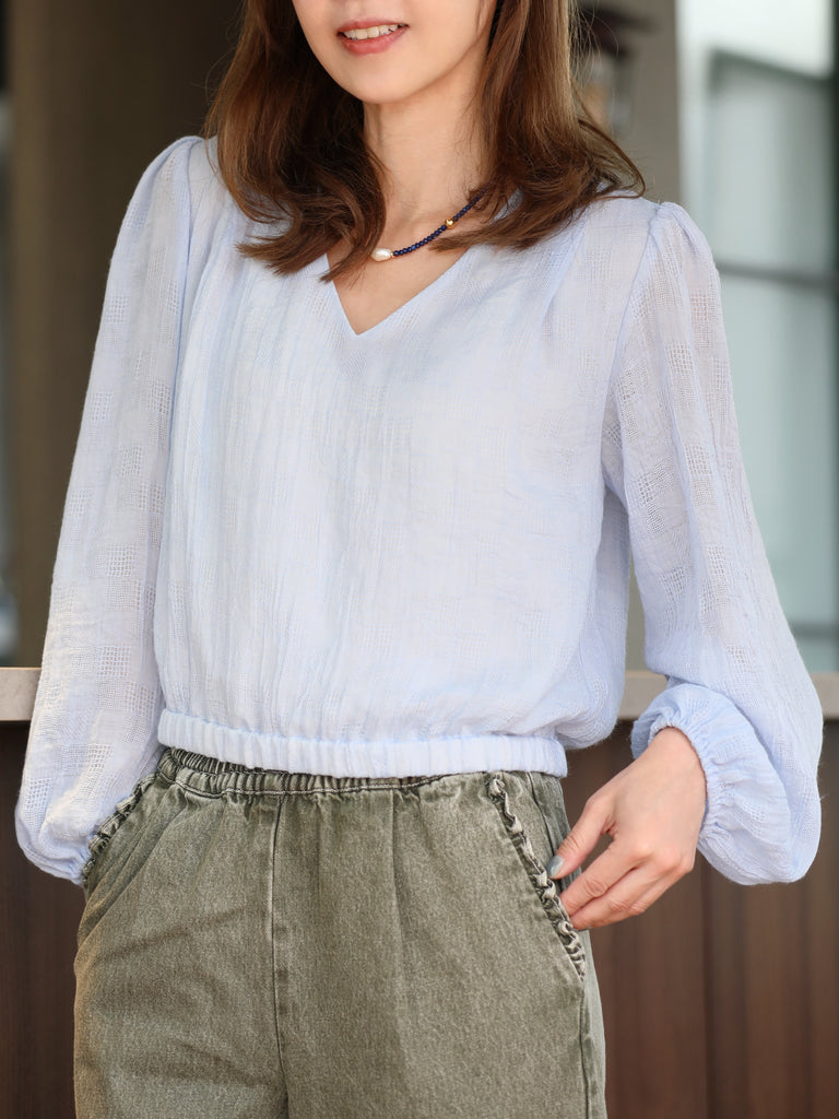 Mist Blue Textured Check Elastic Hem Billow Sleeve Blouse