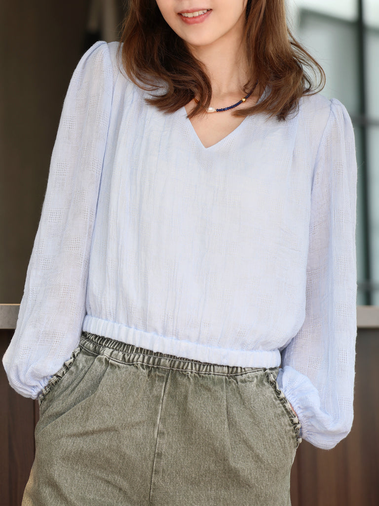 Mist Blue Textured Check Elastic Hem Billow Sleeve Blouse