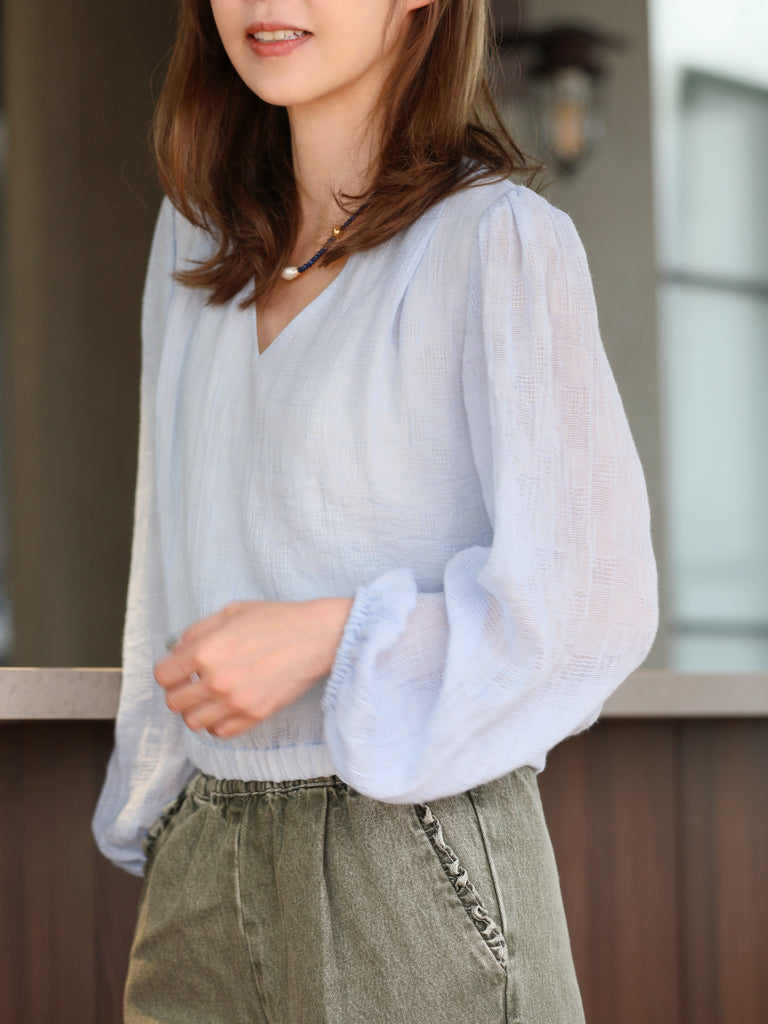 Mist Blue Textured Check Elastic Hem Billow Sleeve Blouse