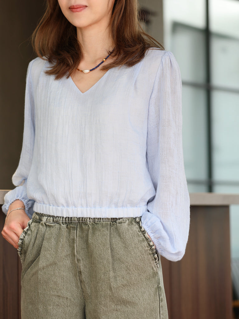 Mist Blue Textured Check Elastic Hem Billow Sleeve Blouse
