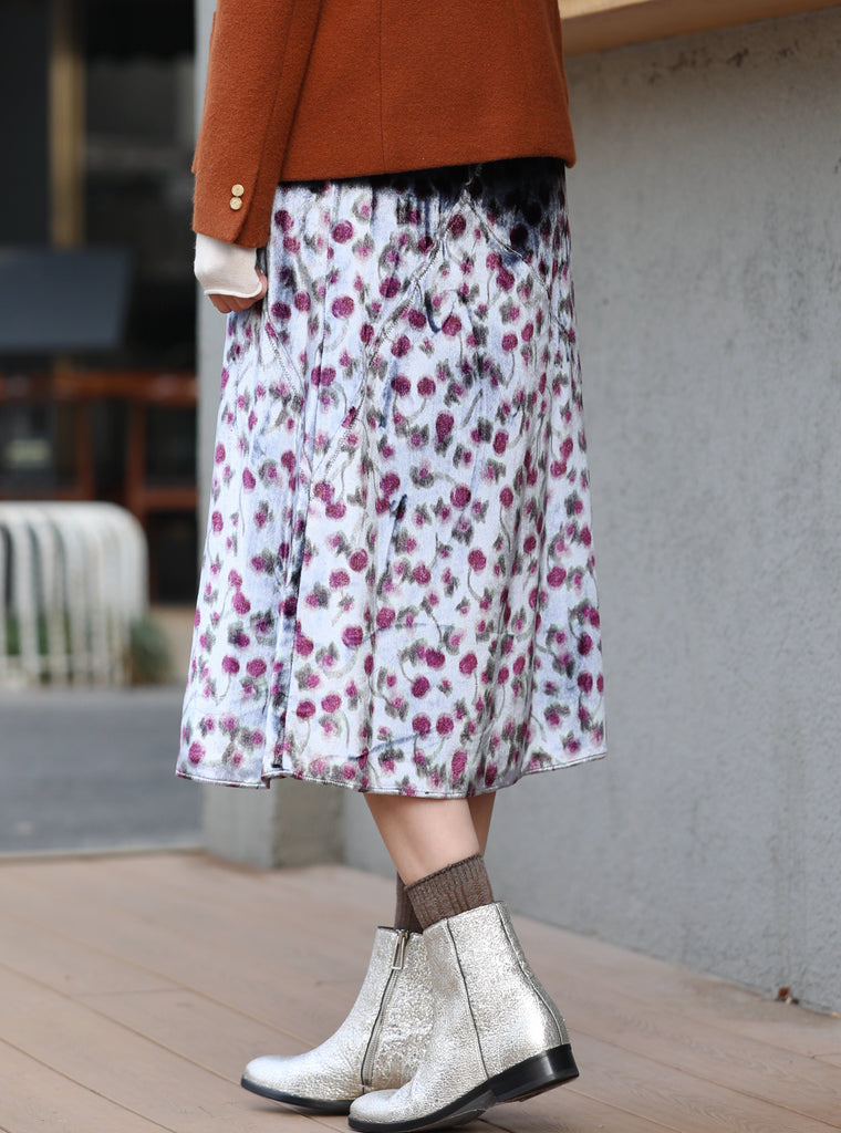 Abstract Floral Print Layered Waist A-line Velvet Midi Skirt