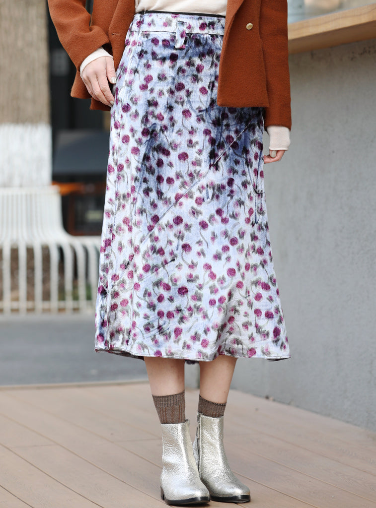 Abstract Floral Print Layered Waist A-line Velvet Midi Skirt