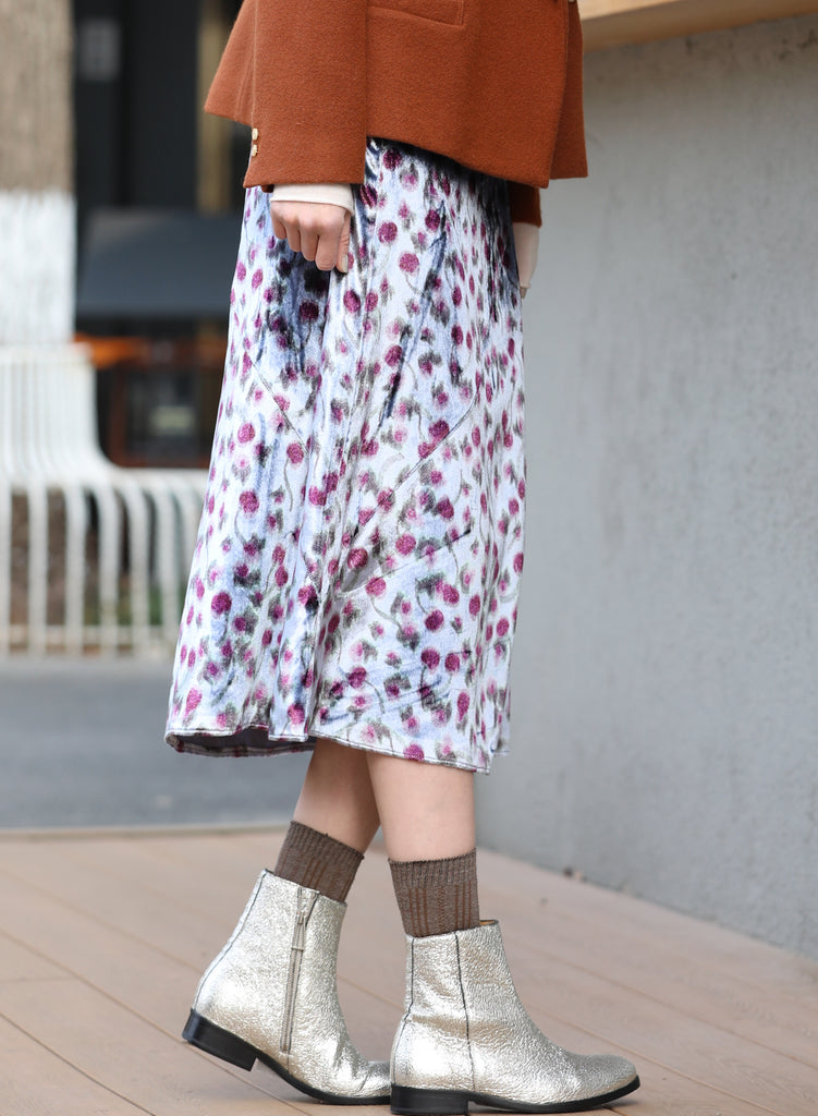 Abstract Floral Print Layered Waist A-line Velvet Midi Skirt