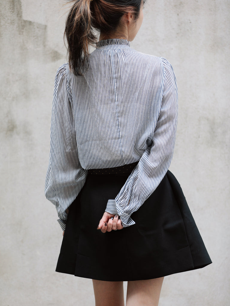 White Fine Stripe Ruffle Neck Button Front Long Sleeve Blouse