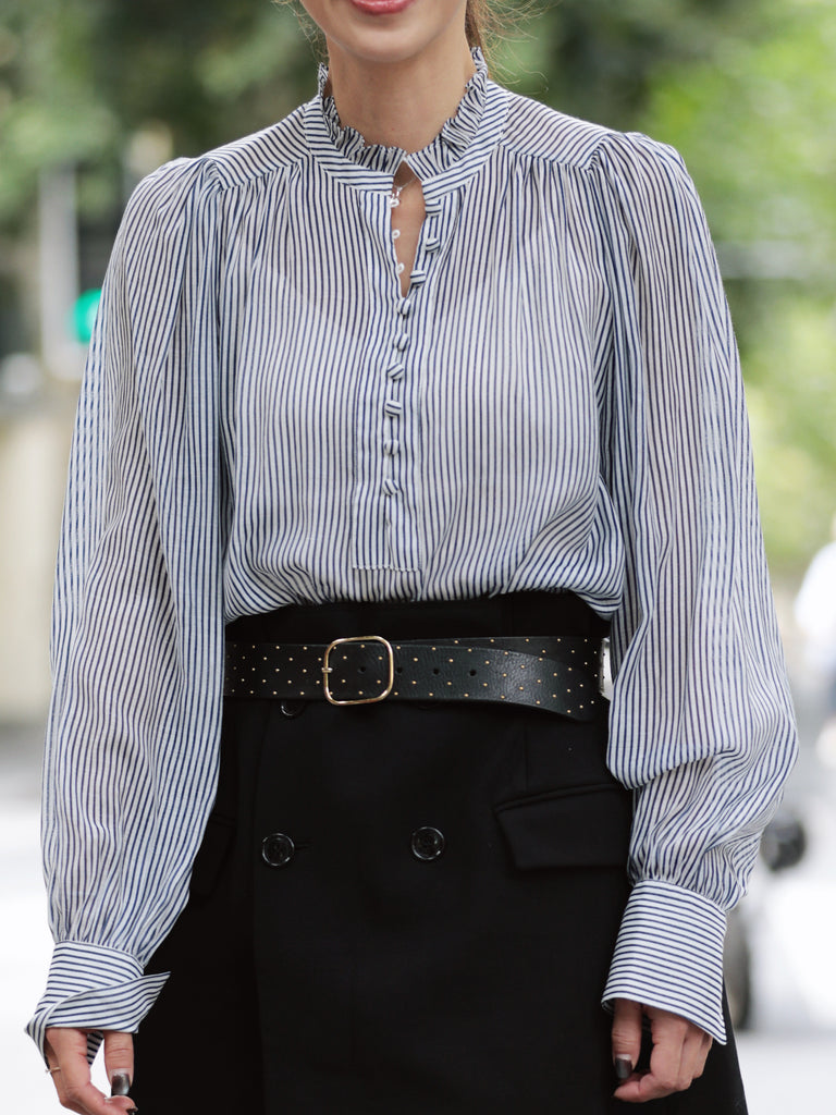 White Fine Stripe Ruffle Neck Button Front Long Sleeve Blouse