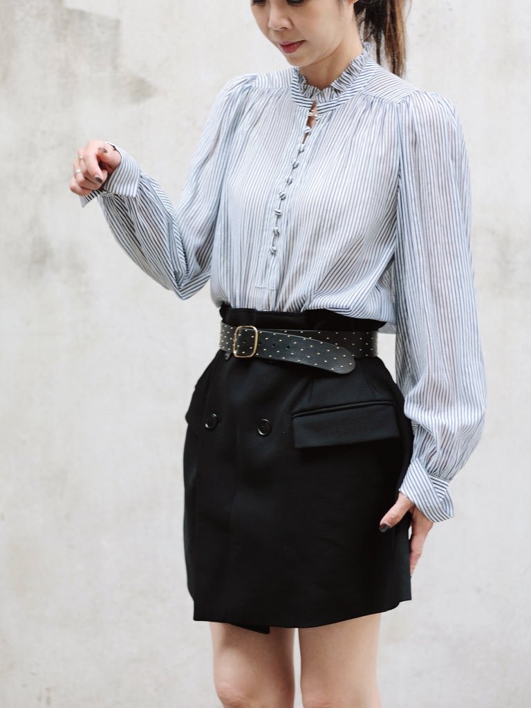 White Fine Stripe Ruffle Neck Button Front Long Sleeve Blouse