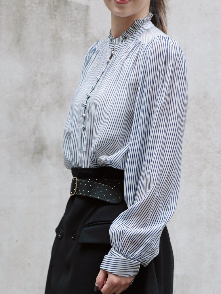 White Fine Stripe Ruffle Neck Button Front Long Sleeve Blouse