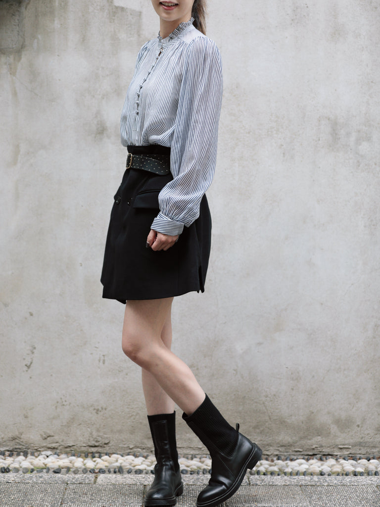 White Fine Stripe Ruffle Neck Button Front Long Sleeve Blouse