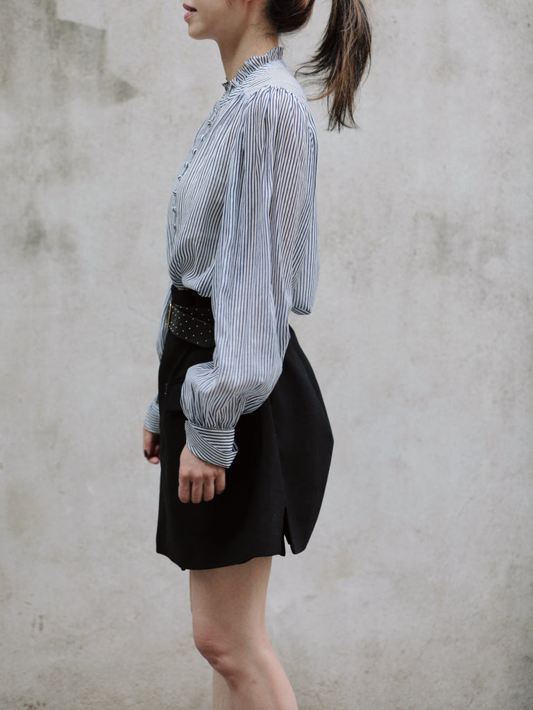 White Fine Stripe Ruffle Neck Button Front Long Sleeve Blouse